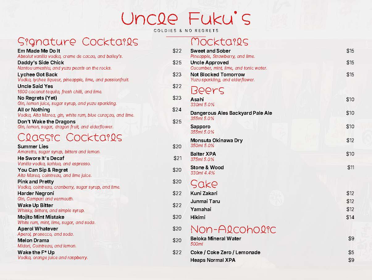 Uncle Fuku drinks menu page 1